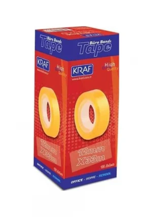 Kraf Selobant Büro Bandı 12 mm x 33 m - 12’li Kutu, Şeffaf, Ofis ve Kırtasiye Kullanımı İçin